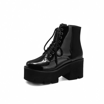 Women Glossy Round Toe Lace Up Side Zippers Block Chunky Heel Platform Short Boots