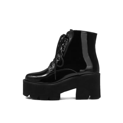 Women Glossy Round Toe Lace Up Side Zippers Block Chunky Heel Platform Short Boots