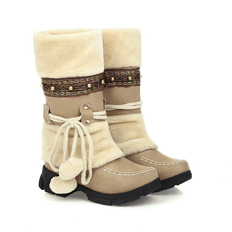 Women Flock Round Toe Rivets Tied Straps Furry Ball Block Chunky Heel Platform Mid-Calf Boots