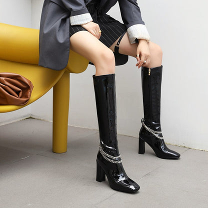 Women Glossy Metal Chains Side Zippers Chunky Heel Knee-High Boots