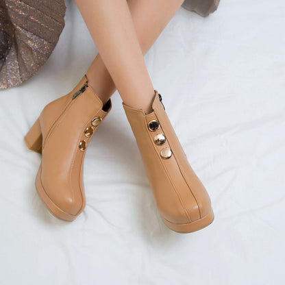 Women Pu Leather Round Toe Stitch Buttons Side Zippers Block Chunky Heel Platform Ankle Boots