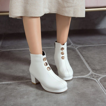 Women Pu Leather Round Toe Stitch Buttons Side Zippers Block Chunky Heel Platform Ankle Boots