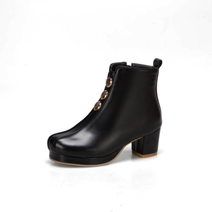 Women Pu Leather Round Toe Stitch Buttons Side Zippers Block Chunky Heel Platform Ankle Boots