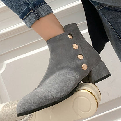 Women Flock Round Toe Rivets Block Chunky Heel Short Boots