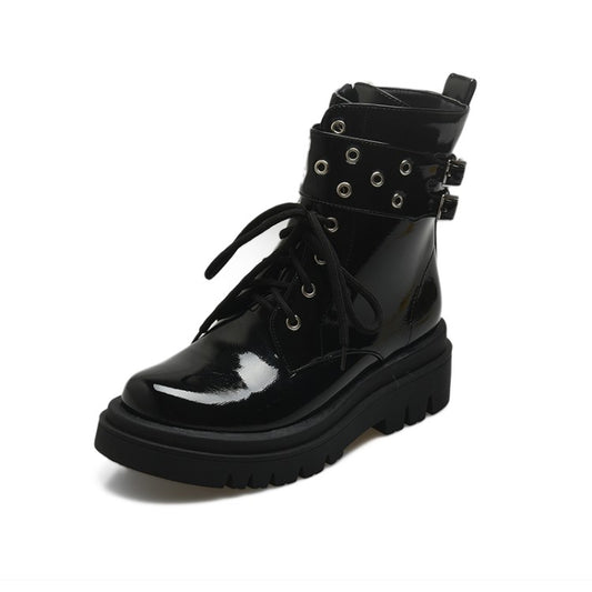 Women Glossy Lace Up Buckles Belts Flat Platform Short Boots