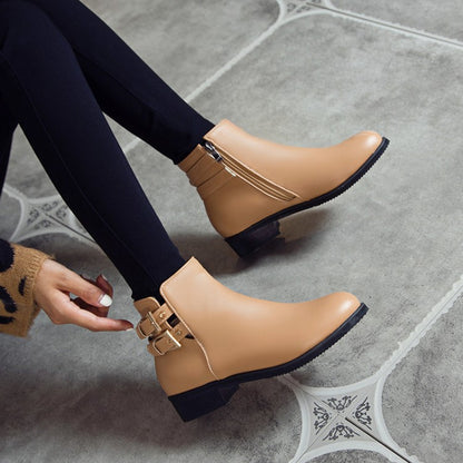 Women Pu Leather Side Zippers Buckle Straps Block Chunky Heel Platform Ankle Boots