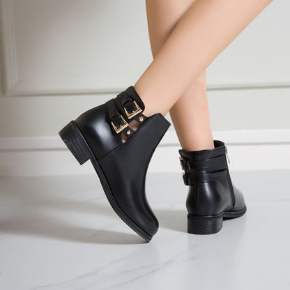 Women Pu Leather Side Zippers Buckle Straps Block Chunky Heel Platform Ankle Boots