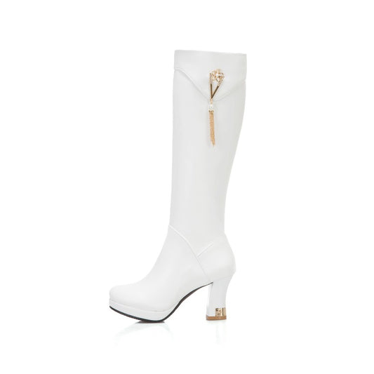 Women Side Zippers Rhinestone Tassel Spool Heel Platform Knee High Boots