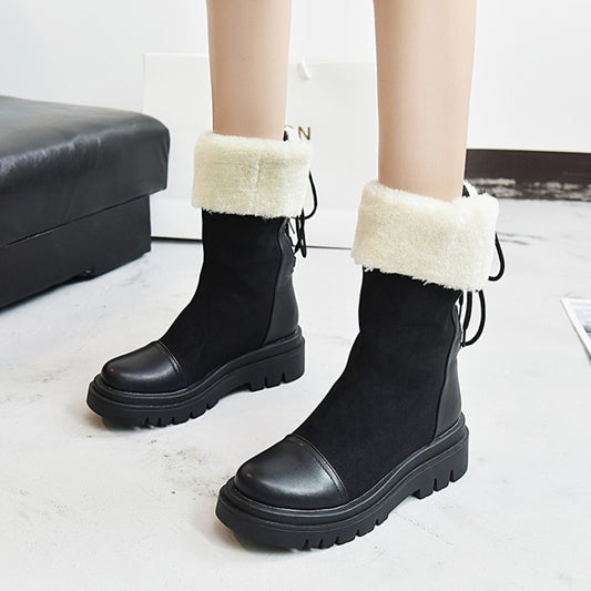 Women Back Tied Flat Platform Short Boots