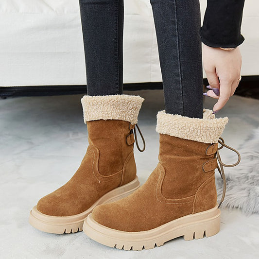 Women Stitching Back Tied Flat Platform Short Boots