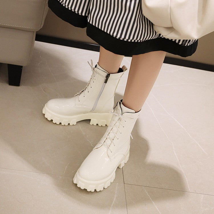 Women Glossy Round Toe Lace-Up Side Zippers Block Chunky Heel Platform Short Boots