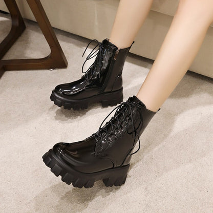 Women Glossy Round Toe Lace-Up Side Zippers Block Chunky Heel Platform Short Boots