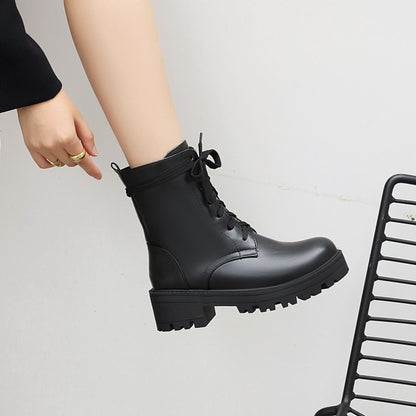 Women Round Toe Lace-Up Side Zippers Block Chunky Heel Platform Short Boots