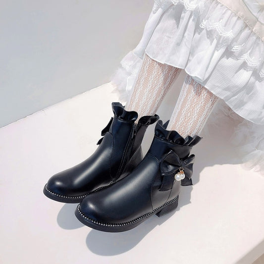 Women Pu Leather Round Toe Ruffles Pearls Bow Tie Short Boots