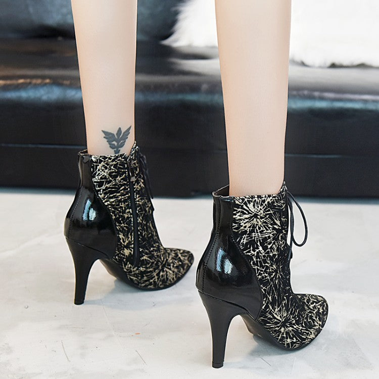 Women Pointed Toe Lace Up High Heels Short Boots