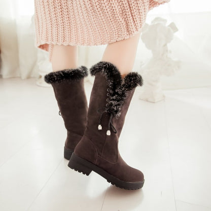 Women Flock Round Toe Lace-Up Block Chunky Heel Mid-Calf Boots