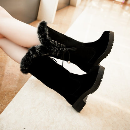 Women Flock Round Toe Lace-Up Block Chunky Heel Mid-Calf Boots