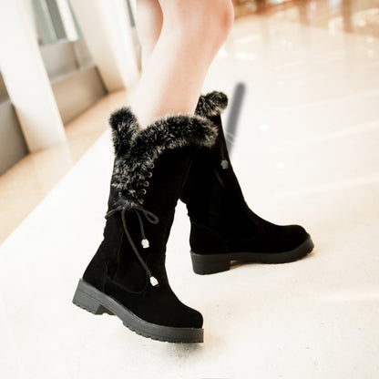 Women Flock Round Toe Lace-Up Block Chunky Heel Mid-Calf Boots