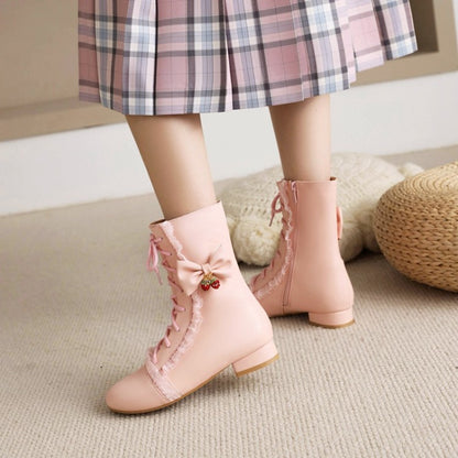 Women  Side Zippers Lace Up Bow Tie Low Heels Mid Calf Boots