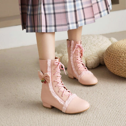 Women  Side Zippers Lace Up Bow Tie Low Heels Mid Calf Boots