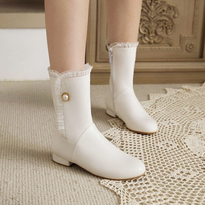 Women Side Zippers Lace Pearls Low Heels Mid Calf Boots