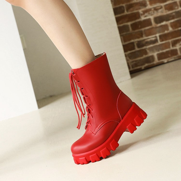 Women Round Toe Lace Up Side Zippers Block Chunky Heel Platform Short Boots