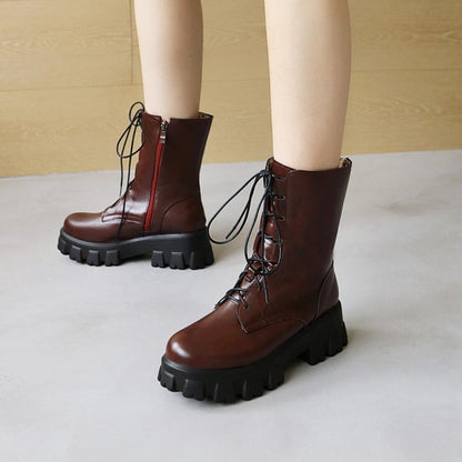 Women Round Toe Lace Up Side Zippers Block Chunky Heel Platform Short Boots