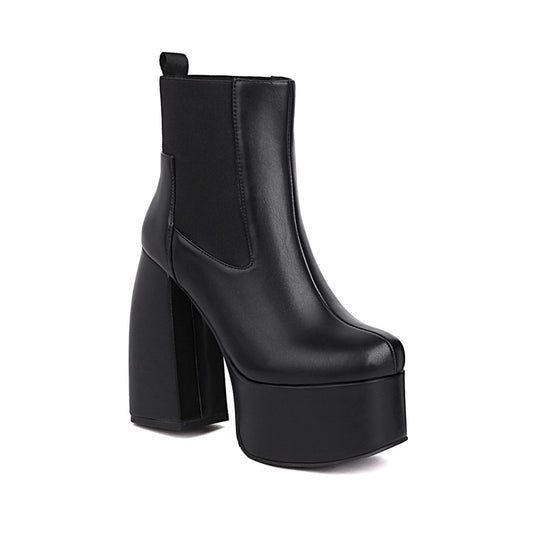 Women Glossy Stretch Block Chunky Heel Platform Ankle Boots