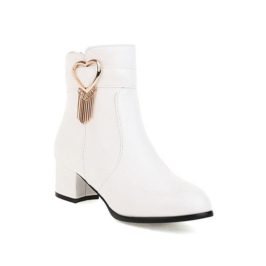 Women Pu Leather Side Zippers Love Hearts Buckle Straps Tassel Block Chunky Heel Short Boots