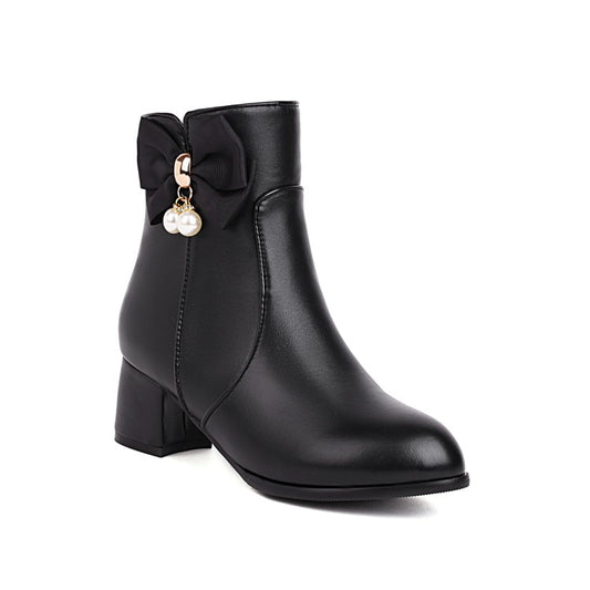 Women Pu Leather Side Zippers Bow Tie Pearls Block Heel Short Boots