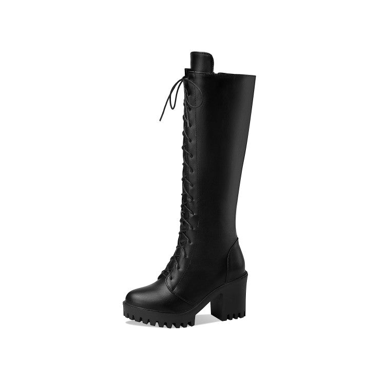 Women Lace Up Block Heel Platform Mid Calf Boots