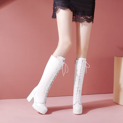 Women Lace Up Block Heel Platform Mid Calf Boots