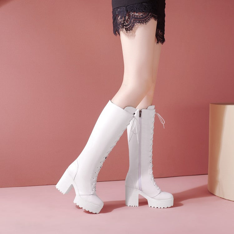 Women Lace Up Block Heel Platform Mid Calf Boots