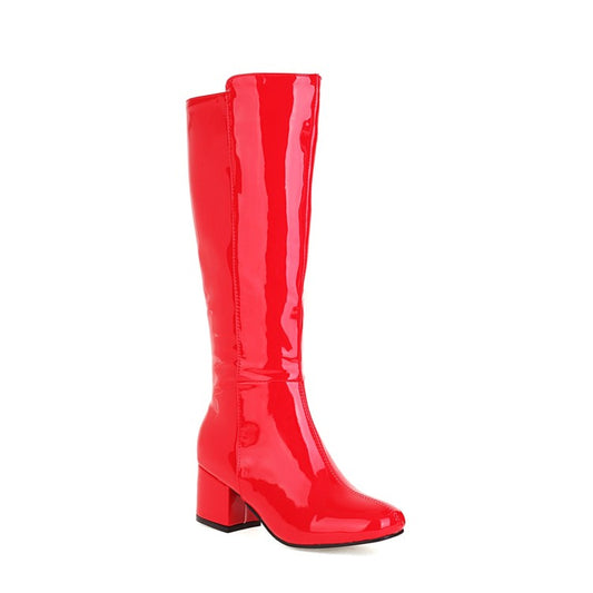 Women Glossy Side Zippers Block Heel Knee High Boots