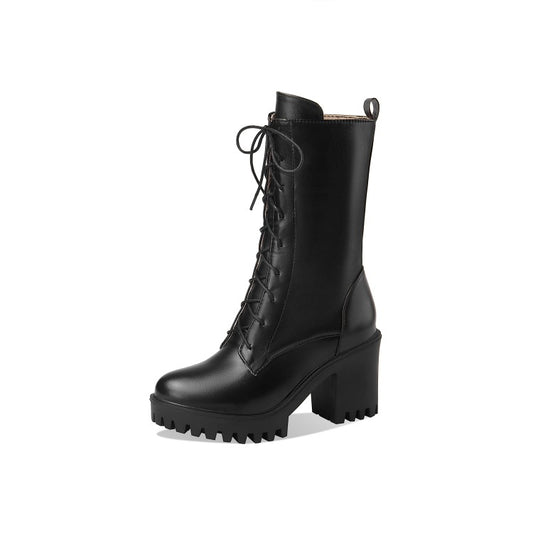 Women Side Zippers Buckle Straps Block Heel Platform Mid Calf Boots