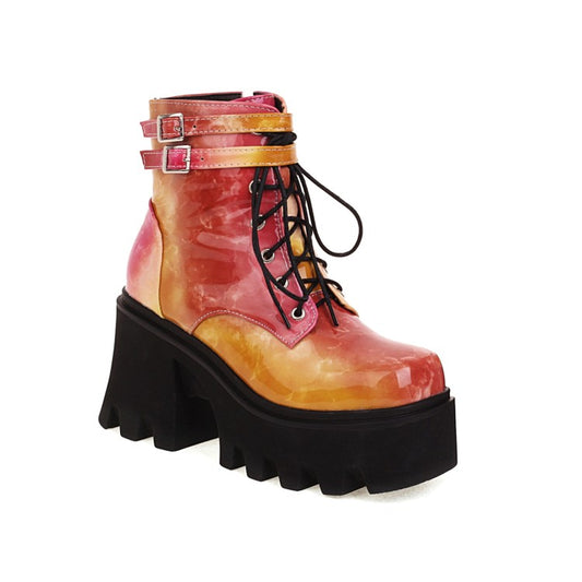 Women Colorful Square Toe Lace Up Buckle Straps Side Zippers Block Chunky Heel Platform Short Boots