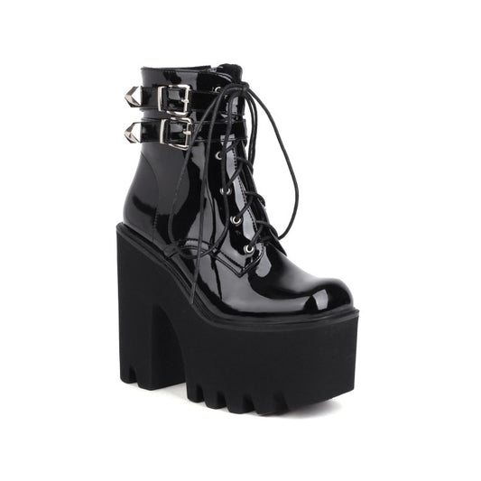 Women Glossy Square Toe Lace Up Buckle Straps Block Chunky Heel Platform Ankle Boots