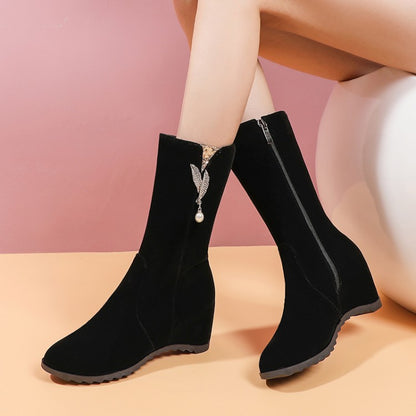 Women Flock Round Toe Rhinestone Pearls Inside Heighten Ankle Boots