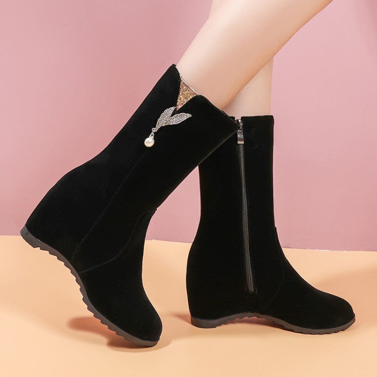 Women Flock Round Toe Rhinestone Pearls Inside Heighten Ankle Boots