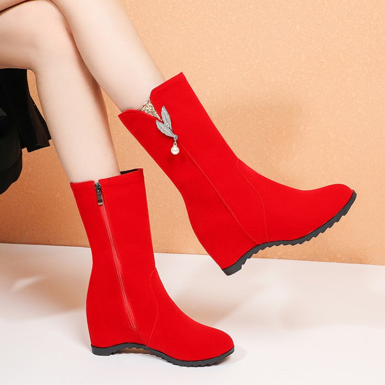 Women Flock Round Toe Rhinestone Pearls Inside Heighten Ankle Boots