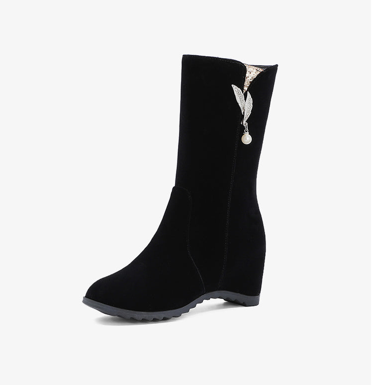 Women Flock Round Toe Rhinestone Pearls Inside Heighten Ankle Boots