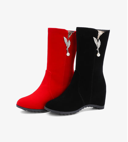 Women Flock Round Toe Rhinestone Pearls Inside Heighten Ankle Boots