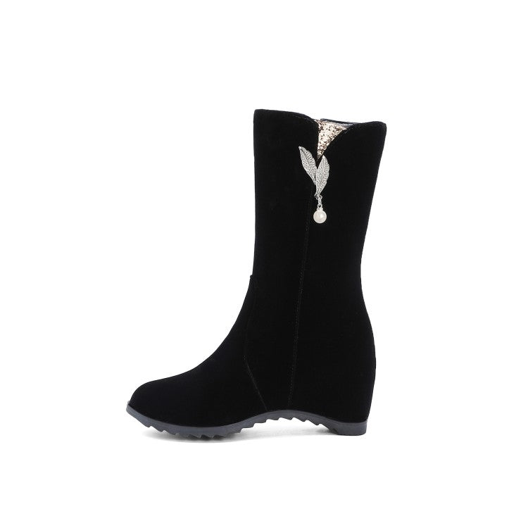 Women Flock Round Toe Rhinestone Pearls Inside Heighten Ankle Boots