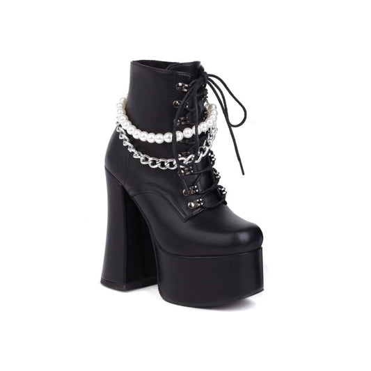 Women Pu Leather Round Toe Pearls Metal Chains Lace Up Block Chunky Heel Platform Ankle Boots