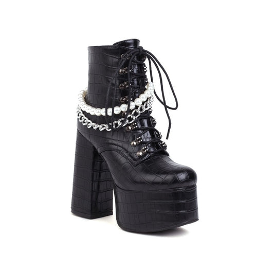 Women Pu Leather Lace Up Metal Pearls Chains Block Chunky Heel Platform Riding Ankle Boots