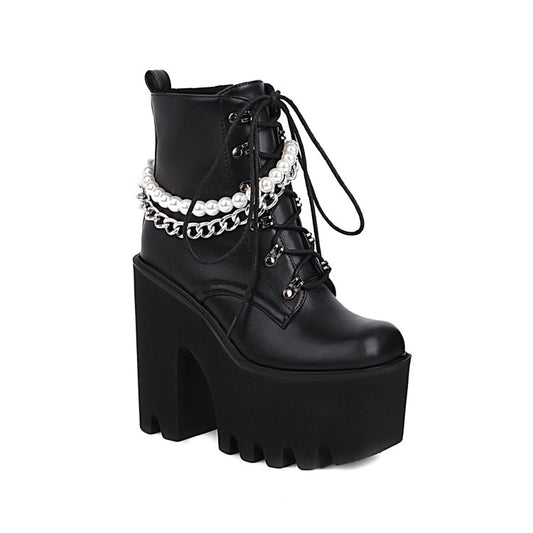 Women Pu Leather Lace Up Metal Pearls Chains Block Chunky Heel Platform Riding Ankle Boots