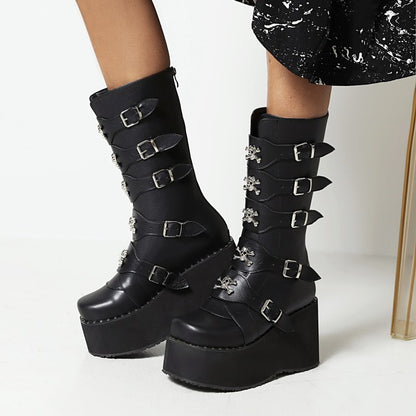 Women Metal Buckle Platform Wedge Heel Mid Calf Boots