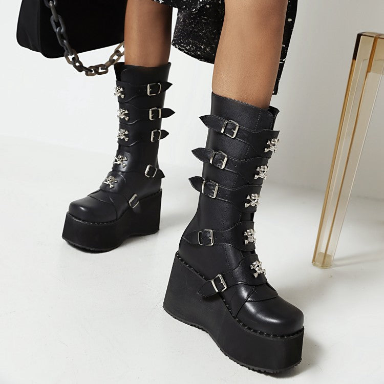 Women Metal Buckle Platform Wedge Heel Mid Calf Boots