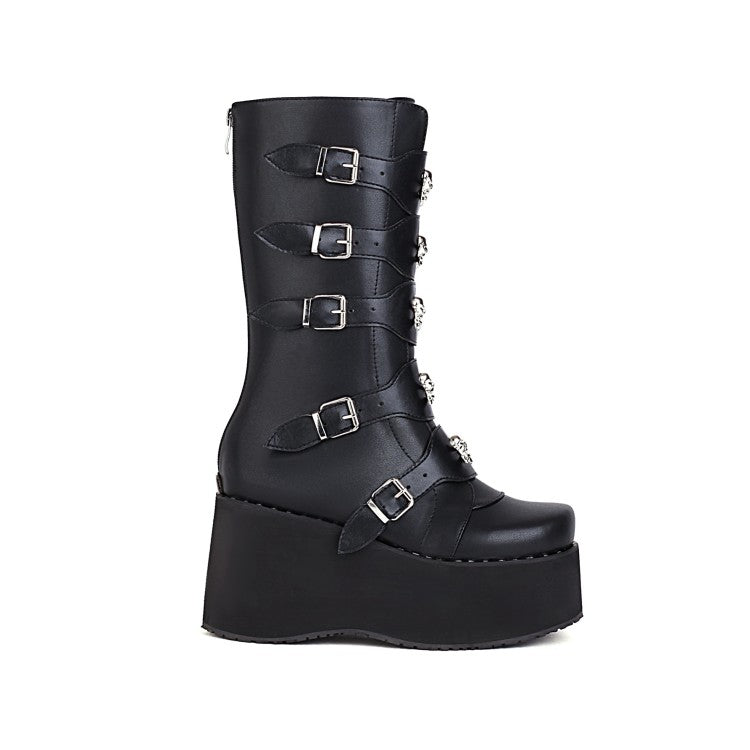 Women Metal Buckle Platform Wedge Heel Mid Calf Boots