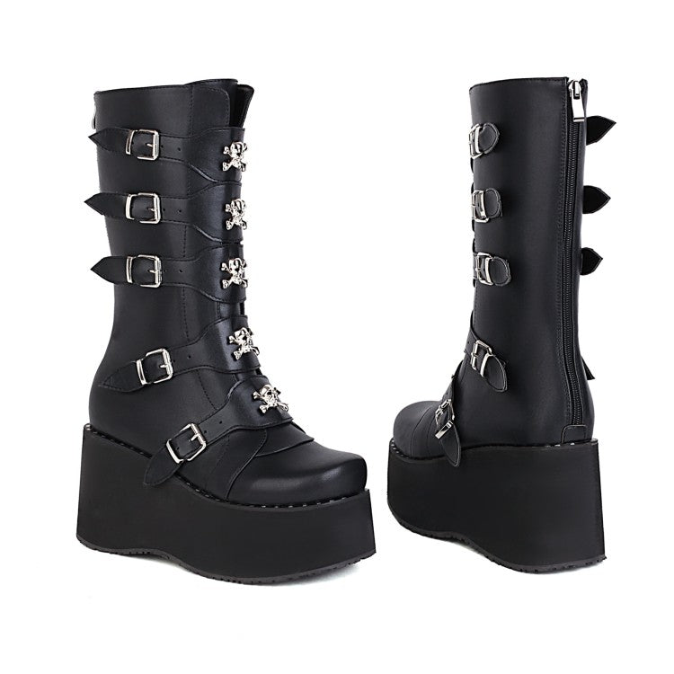 Women Metal Buckle Platform Wedge Heel Mid Calf Boots